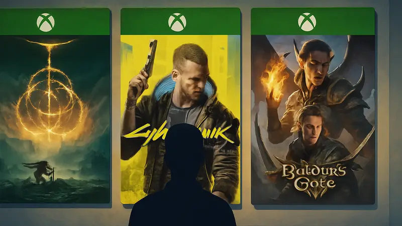 Обложки лучших игр для Xbox, не входящих в подписку Game Pass: Elden Ring, Cyberpunk 2077, Baldur's Gate 3.