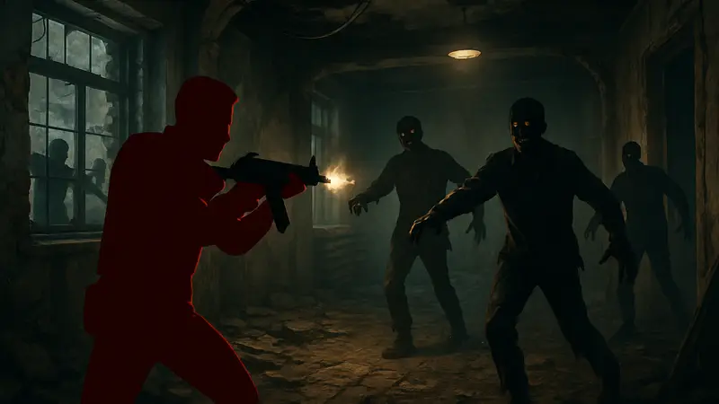 Игрок отстреливается от зомби в тесной стартовой комнате карты Black Ops 7 Zombies.