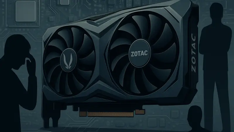 Изображение видеокарты ZOTAC на фоне схемы ПК-комплектующих, символизирующее кризис рынка.