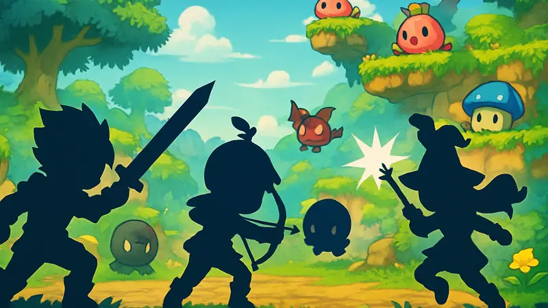 Персонажи MapleStory M в анимешном стиле сражаются в ярком 2D мире.