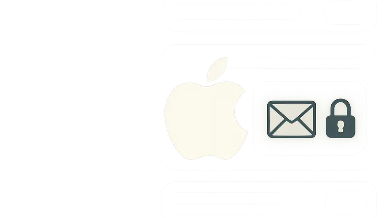 Логотип Apple на фоне интерфейса iOS с функцией Hide My Email и значком приватности.