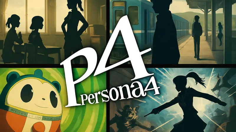 Логотип ремейка Persona 4 на фоне стилизованных кадров аниме-вставок, созданных MAPPA