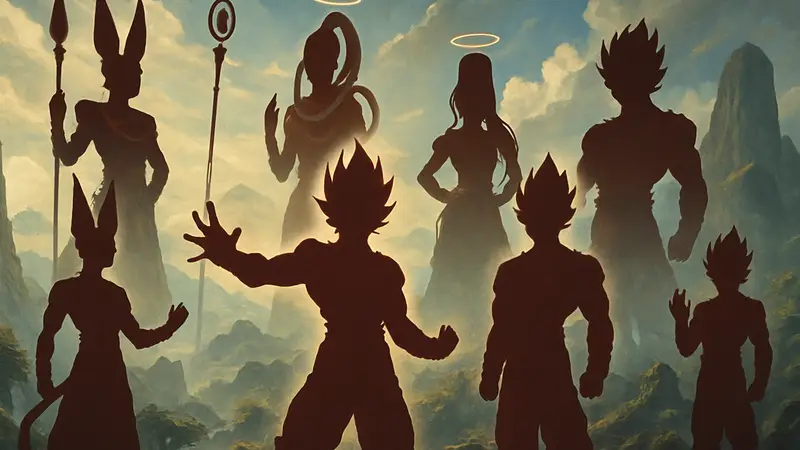 Персонажи из Dragon Ball в божественных формах, демонстрирующие свою невероятную силу.