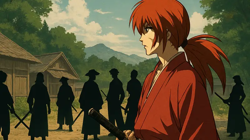 Арт с Химурой Кэнсином и другими мечниками из аниме Rurouni Kenshin.