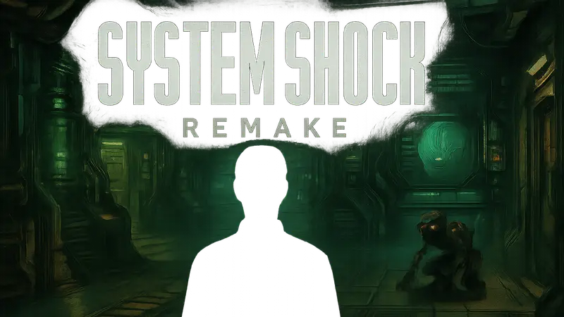 Логотип System Shock Remake на фоне скриншота игры, символизирующий долгий путь разработки и сложности.