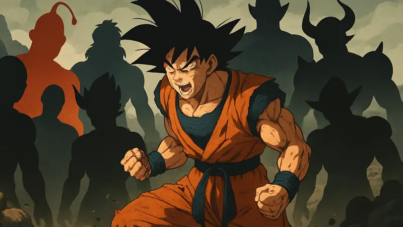 Гоку из Dragon Ball в битве, окруженный силуэтами его главных противников, которые его убивали.