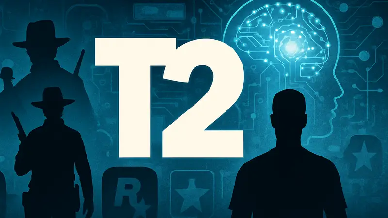 Логотип Take-Two Interactive на фоне схематического изображения искусственного интеллекта или игровых персонажей.