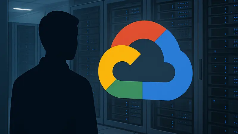 Логотип Google Cloud на фоне серверной стойки, символизирующий масштабируемость стартапа.
