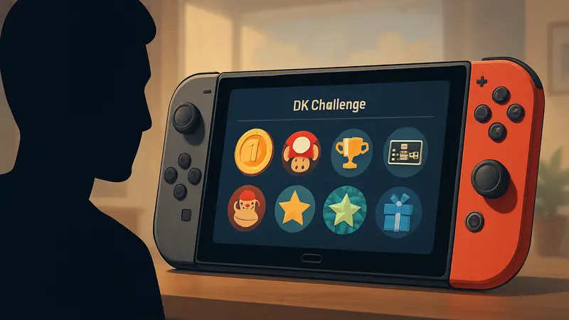 Изображение интерфейса Nintendo Switch 2 с иконками достижений и упоминанием "DK Challenge".