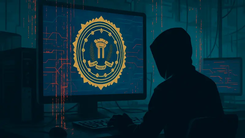Символ ФБР на экране компьютера, взлом систем, хакерская атака, кибербезопасность