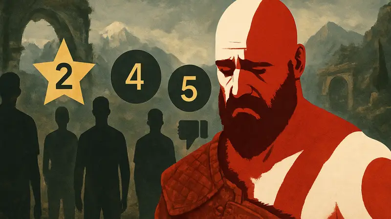 Кратос из God of War Sons of Sparta с грустным лицом на фоне низких оценок игры.