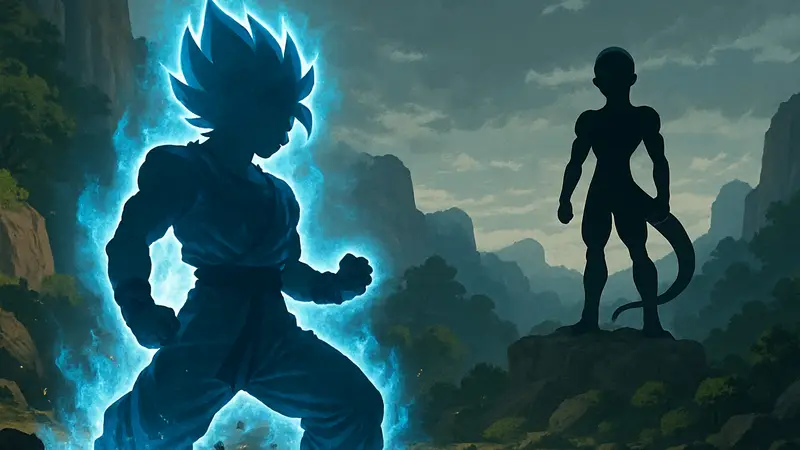 Персонаж из Dragon Ball Super в божественной форме, готовящийся к битве с Чёрным Фризой.