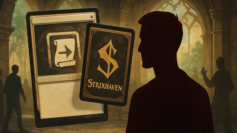 Карты Magic: The Gathering с символом механики Learn и логотип Strixhaven.