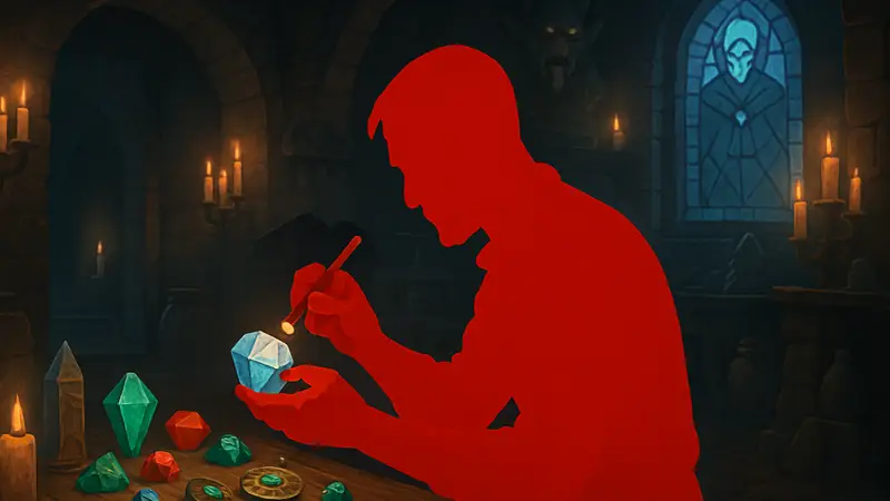 Ювелир в Vampire Crawlers за работой с драгоценными камнями и артефактами.