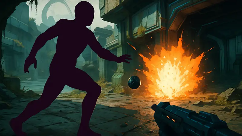 Игровой скриншот шутера Marathon с персонажем, уклоняющимся от взрыва гранаты