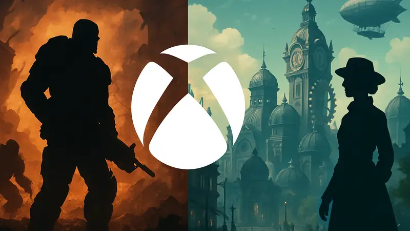 Логотип Xbox на фоне кадров из игр Gears of War: E-Day и Clockwork Revolution, иллюстрация эксклюзивности.