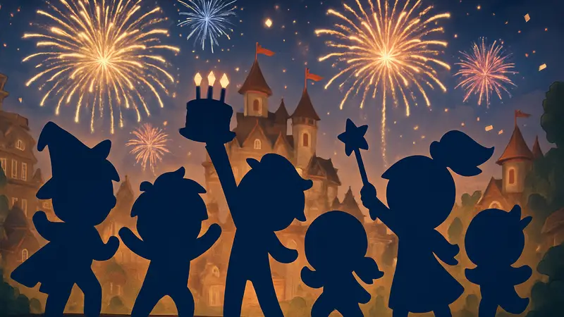 Персонажи CookieRun: Kingdom празднуют юбилей на фоне фейерверков.