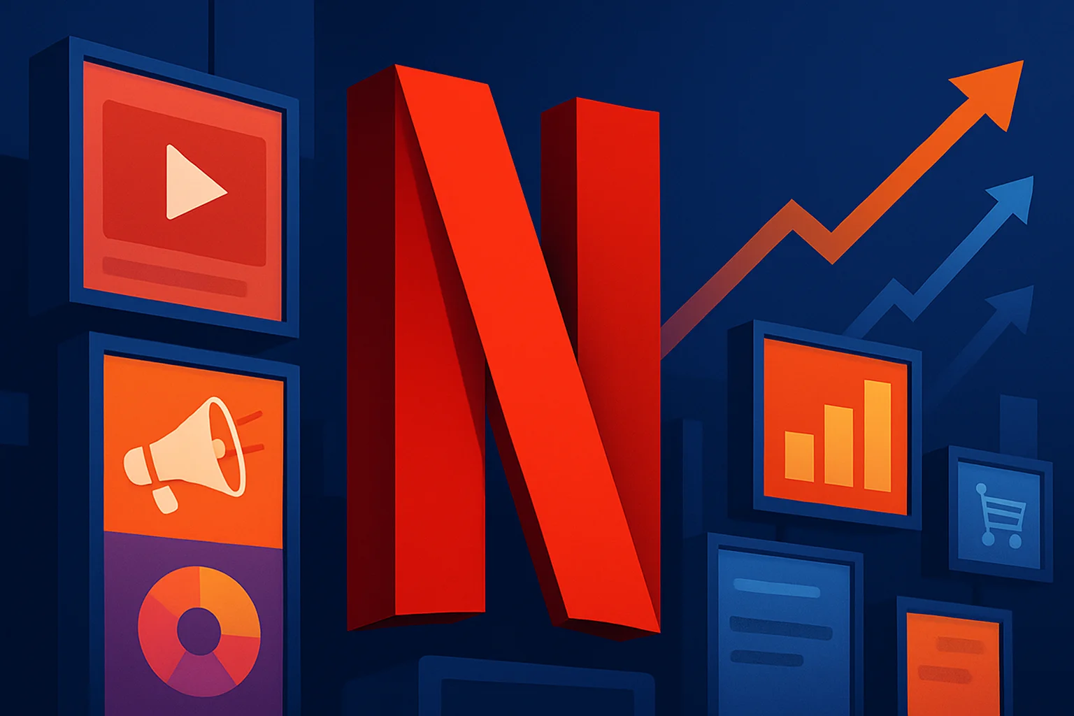 Логотип Netflix на фоне рекламных баннеров и символов роста, отражающих успех рекламной стратегии сервиса.