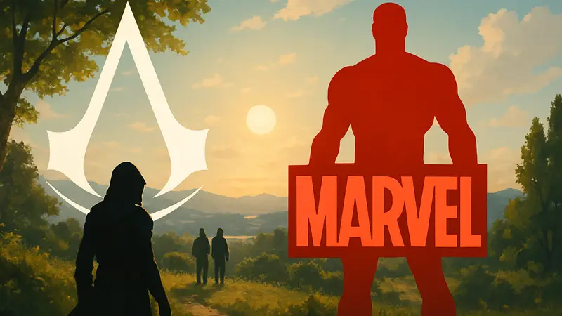 Логотипы игр Assassin's Creed и Marvel на фоне летнего пейзажа, символизирующего новые релизы.