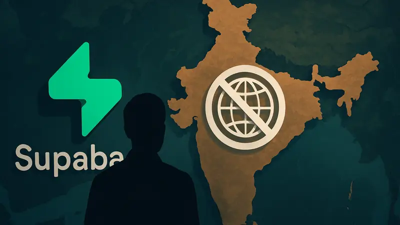 Изображение логотипа Supabase на фоне карты Индии с символом блокировки интернета.