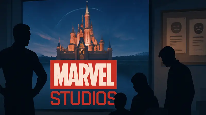 Логотип Marvel Studios на фоне символики Disney, новости об увольнениях в индустрии кино и игр.