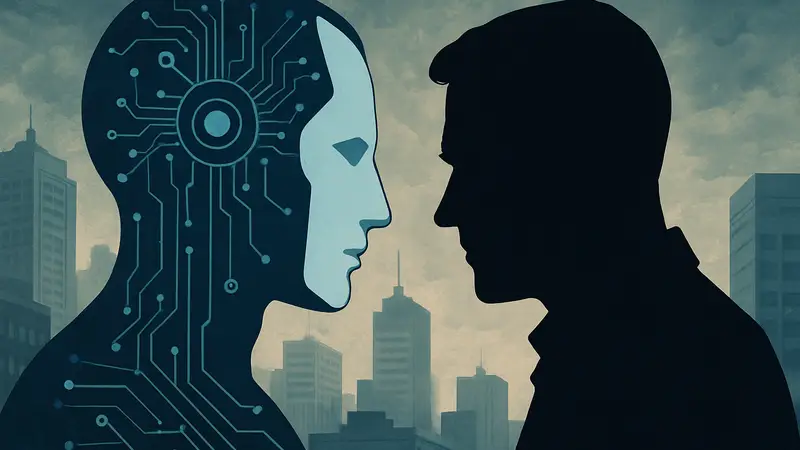 Схематичное изображение искусственного интеллекта и человеческого лица, символизирующее недоверие.