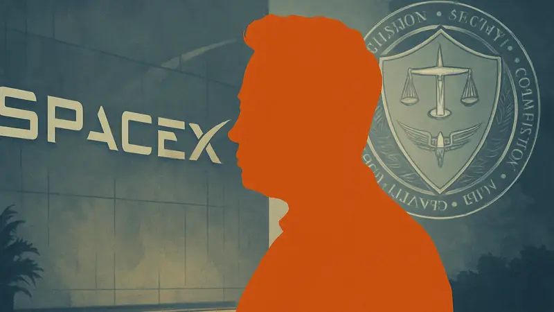 Илон Маск на фоне логотипов SpaceX и FTC