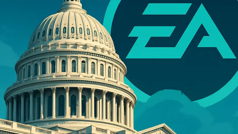 Изображение здания Капитолия США на фоне логотипа Electronic Arts, символизирующее политические споры вокруг игровой индустрии.