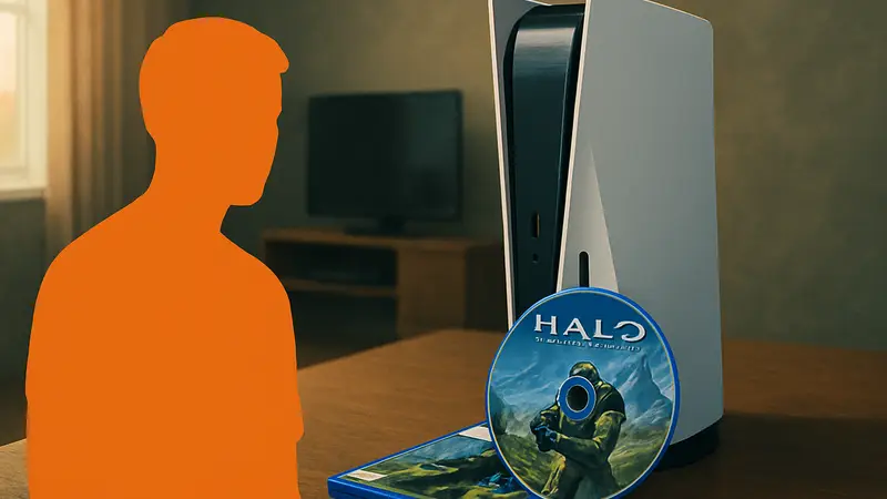 Физический диск игры Halo: Campaign Evolved для PlayStation 5, лежащий рядом с консолью.