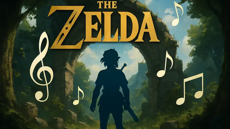 Обложка фильма The Legend of Zelda с логотипом и музыкальными символами.