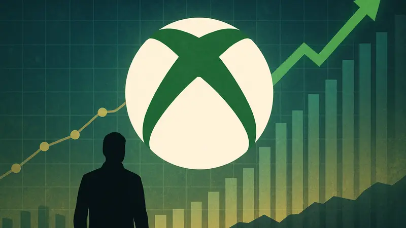 Логотип Xbox на фоне графиков, символизирующих финансы и прибыль.