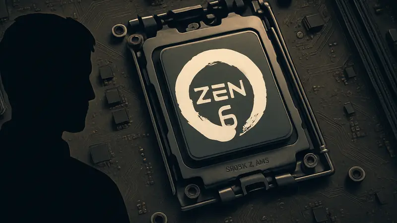 Логотип AMD Zen 6 на фоне компьютерной материнской платы с сокетом AM5.