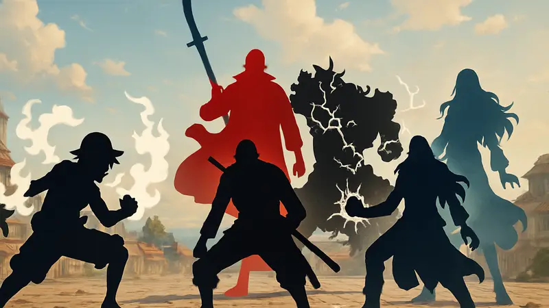 Иллюстрация нескольких персонажей One Piece в боевых позах, с эффектами силы