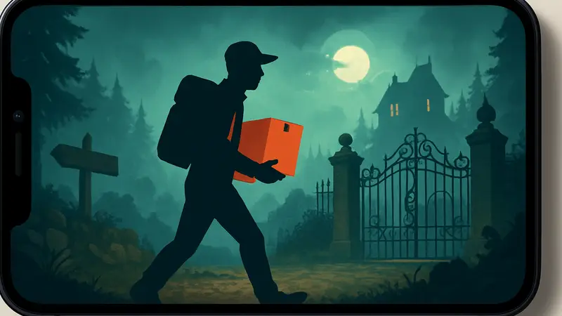 Скриншот из Easy Delivery Co. на мобильном, показывающий процесс доставки в мистической атмосфере.