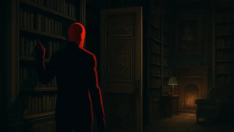 Агент 47 ищет путь в секретную комнату библиотеки в Hitman World of Assassination.