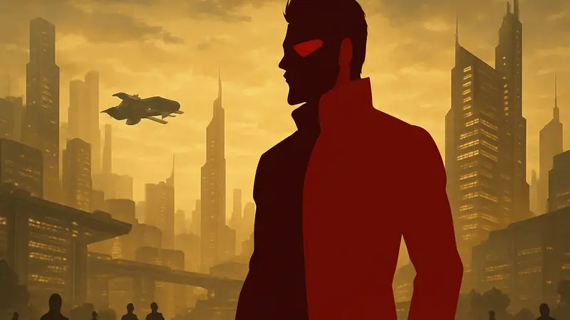 Изображение обложки игры Deus Ex Human Revolution с главным героем Адамом Дженсеном, на фоне футуристического города.