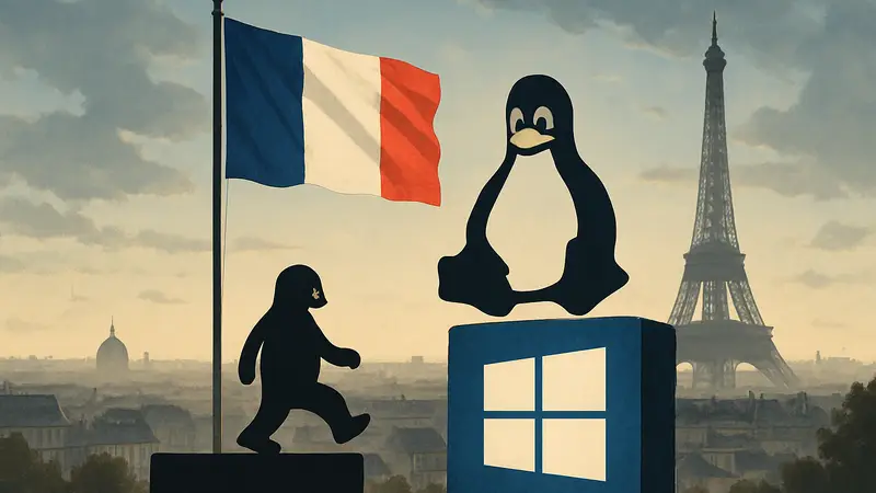 Флаг Франции и символы Linux и Windows, обозначающие переход страны