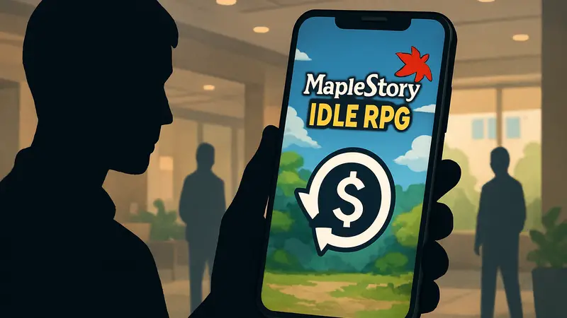 Логотип игры MapleStory: Idle RPG на экране смартфона с пометкой о возврате средств.