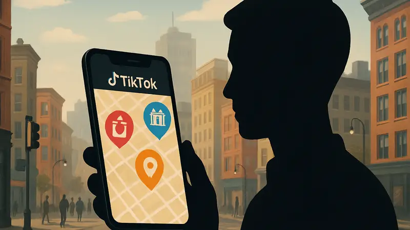 Пользователь TikTok просматривает ленту Local Feed на смартфоне с картой и значками мест.