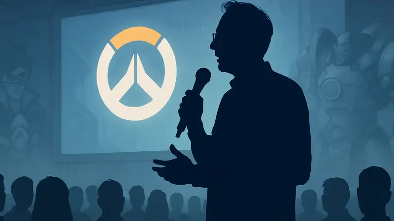 Джефф Каплан, бывший геймдиректор Overwatch, выступает на сцене с микрофоном.