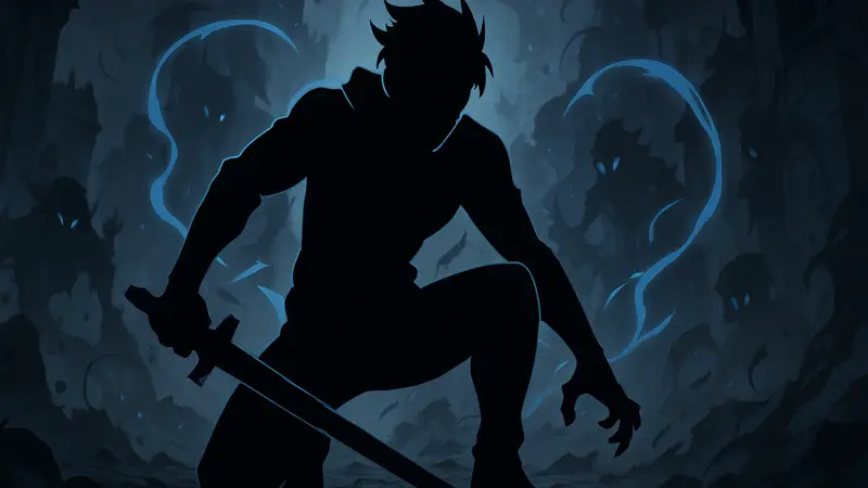 Персонаж из Shadow Hunter, стилизованный под героев Solo Leveling, в боевой позе на тёмном фоне.