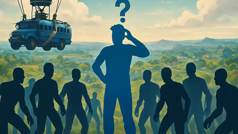 Игрок Fortnite в режиме OG, окруженный многочисленными ботами, с вопросом на лице. Фоном может быть знаменитый автобус или карта острова.