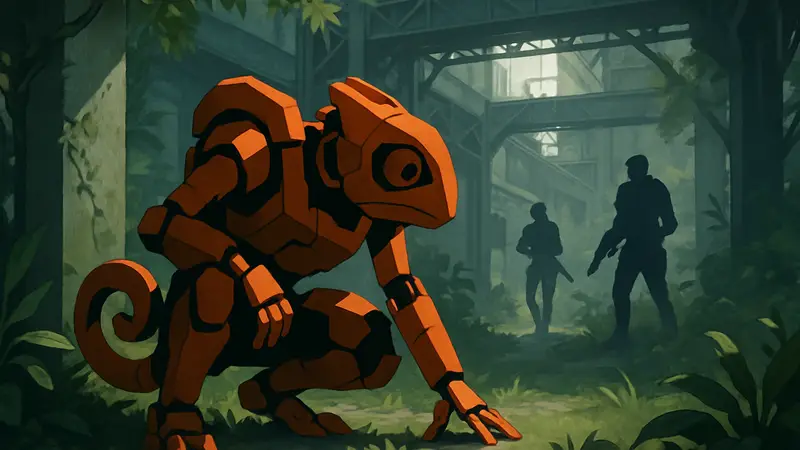 Персонаж игры Meccha Chameleon принимает скрытную позу для маскировки и прячется от врагов