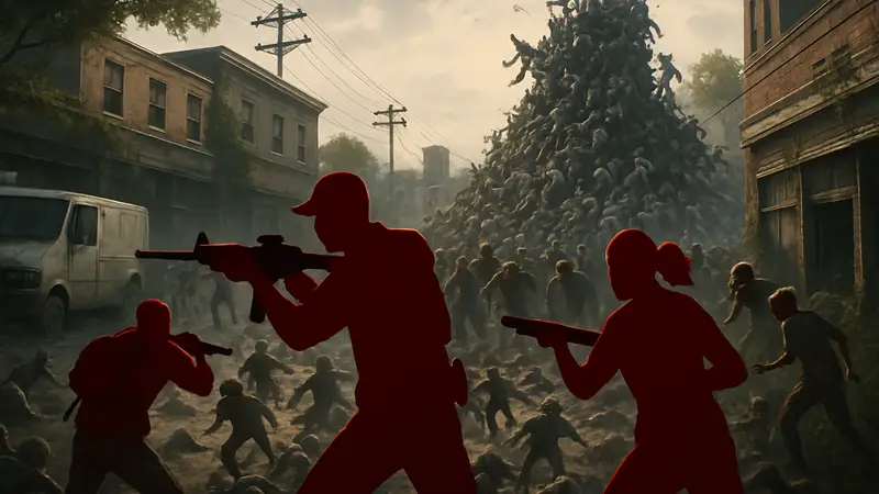 Игровой скриншот из World War Z, демонстрирующий персонажей, сражающихся с ордами зомби, с отсылками к The Walking Dead.