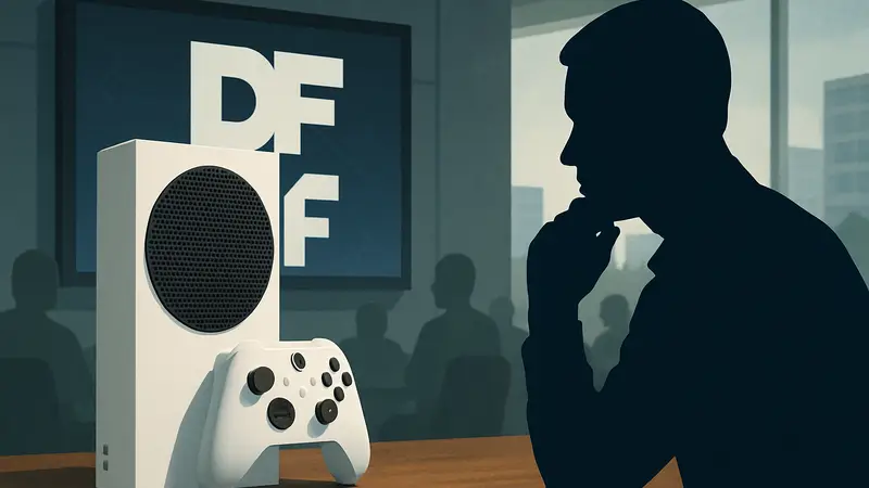 Консоль Xbox Series S рядом с логотипом Digital Foundry, символизирующая рассуждения о будущем