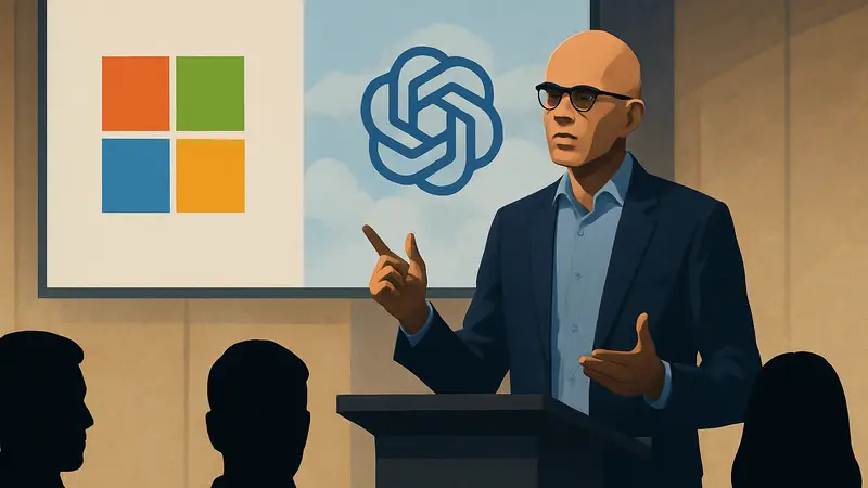 Сатья Наделла, глава Microsoft, на выступлении, обсуждает сотрудничество с OpenAI и развитие ИИ.