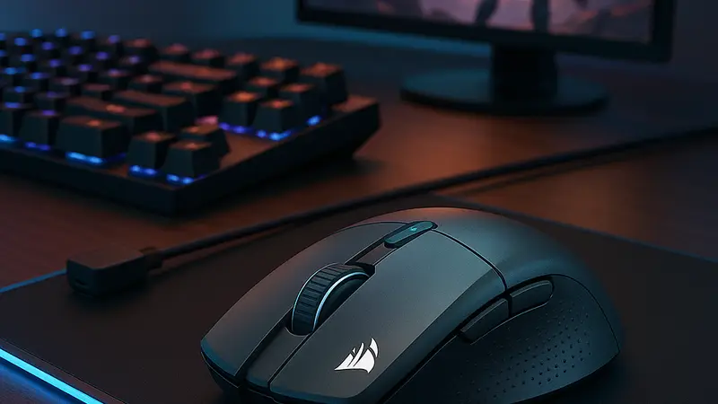 Беспроводная игровая мышь Corsair M75 на игровом столе, демонстрирующая свой дизайн.