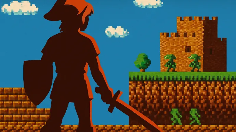 Главный герой Линк из игры Zelda 2 на фоне классической пиксельной графики.