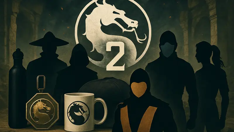 Логотип фильма Mortal Kombat 2, стилизованные знаки и элементы мерча для розыгрыша от Game Rant.