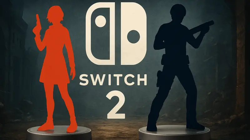 Фигурки Amiibo Грейс и Леона из Resident Evil Requiem на фоне логотипа Nintendo Switch 2.